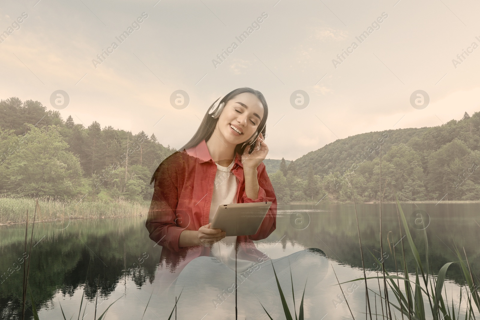 Image of Happy woman listening to sounds of nature which making her feel calm. Double with beautiful landscape