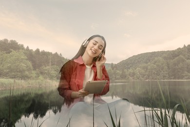 Image of Happy woman listening to sounds of nature which making her feel calm. Double with beautiful landscape