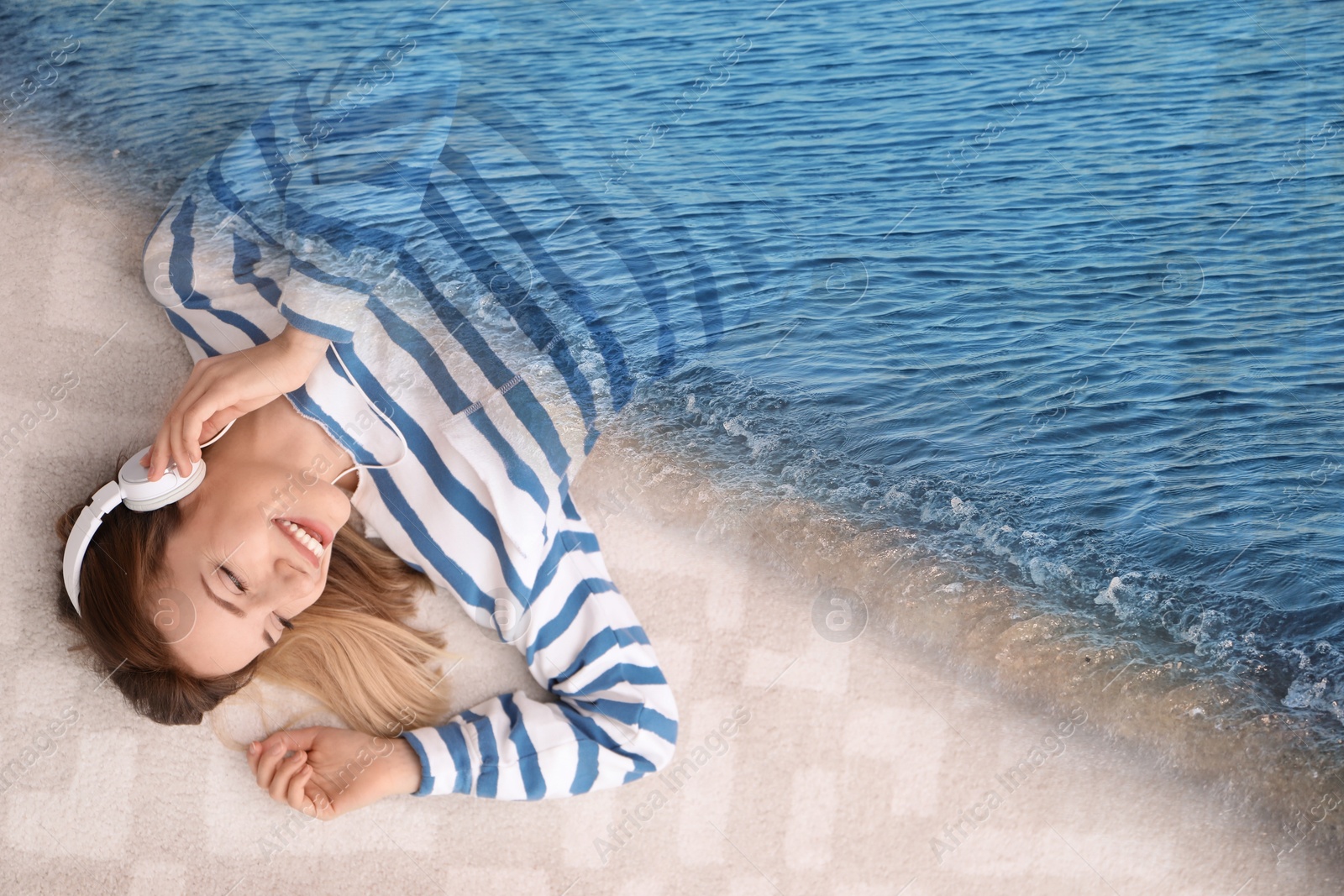 Image of Happy woman listening to sounds of nature which making her feel calm. Double exposure of carpet and sea waves