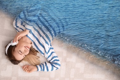 Image of Happy woman listening to sounds of nature which making her feel calm. Double exposure of carpet and sea waves