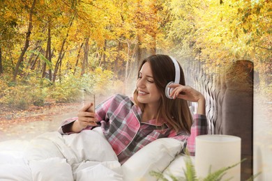 Image of Happy woman listening to sounds of nature which making her feel calm. Double exposure of bedroom and autumn landscape