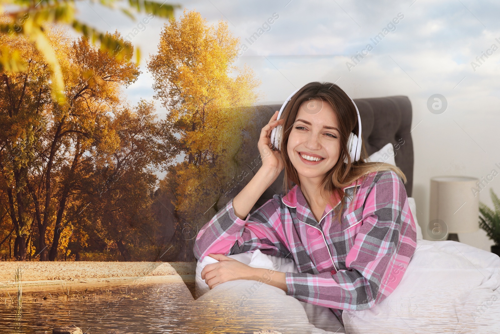 Image of Happy woman listening to sounds of nature which making her feel calm. Double exposure of bedroom and autumn landscape
