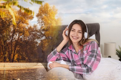 Image of Happy woman listening to sounds of nature which making her feel calm. Double exposure of bedroom and autumn landscape