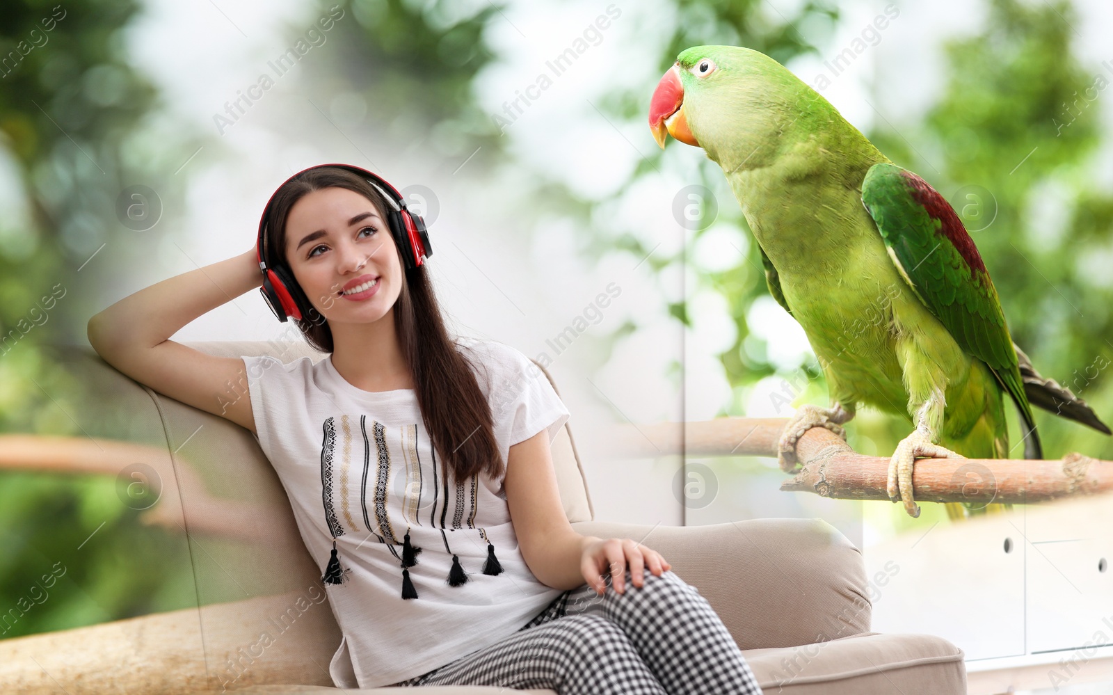 Image of Happy woman listening to sounds of nature which making her feel calm. Double exposure of room and tropical tree with parrot