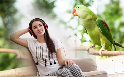 Image of Happy woman listening to sounds of nature which making her feel calm. Double exposure of room and tropical tree with parrot
