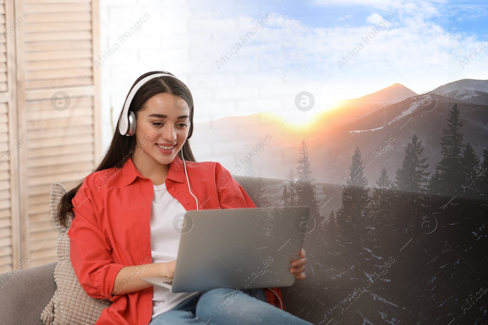 Image of Happy woman listening to sounds of nature which making her feel calm. Double exposure of room and mountain landscape