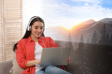 Image of Happy woman listening to sounds of nature which making her feel calm. Double exposure of room and mountain landscape