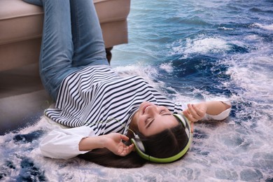 Image of Happy woman listening to sounds of nature which making her feel calm. Double exposure of carpet and sea waves