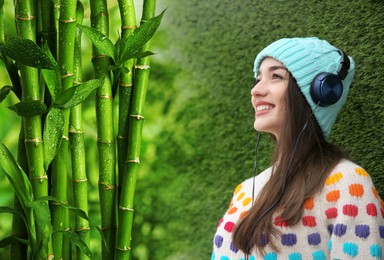 Image of Happy woman listening to sounds of nature which making her feel calm. Double exposure with bamboo plants