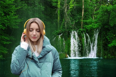 Image of Woman listening to sounds of nature which making her feel calm. Double exposure with beautiful landscape