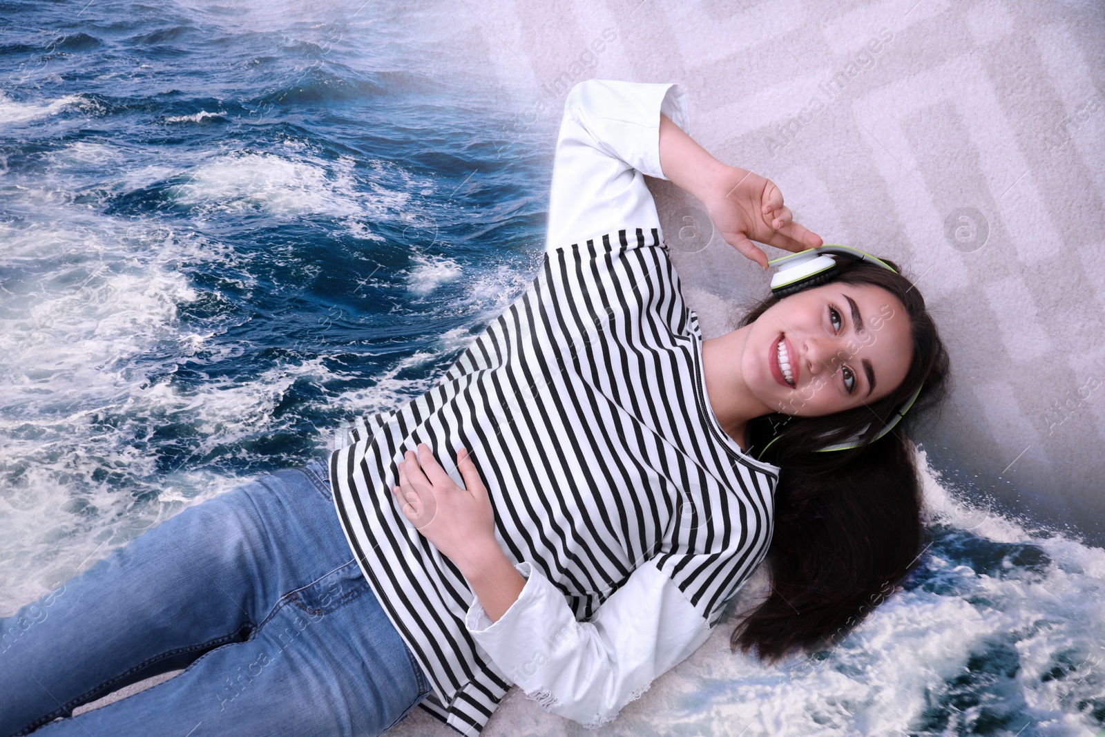 Image of Happy woman listening to sounds of nature which making her feel calm. Double exposure of carpet and sea waves