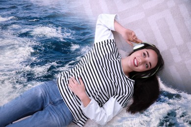 Image of Happy woman listening to sounds of nature which making her feel calm. Double exposure of carpet and sea waves