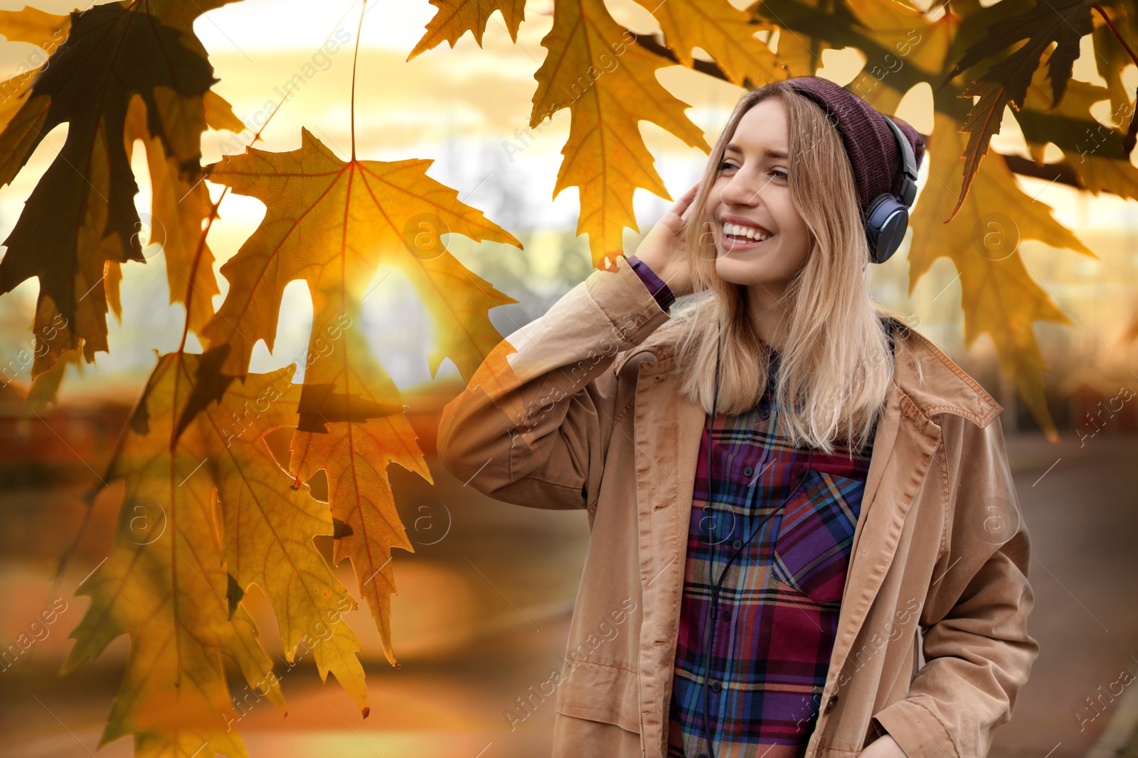 Image of Happy woman listening to sounds of nature which making her feel calm. Double exposure with tree branch