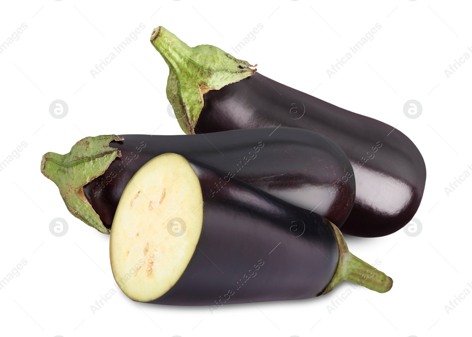 Image of Fresh ripe eggplants isolated on white. Whole and sliced