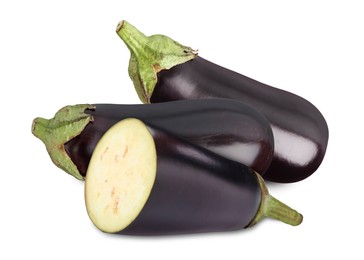 Image of Fresh ripe eggplants isolated on white. Whole and sliced