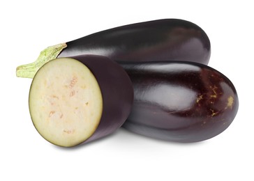 Image of Fresh ripe eggplants isolated on white. Whole and sliced
