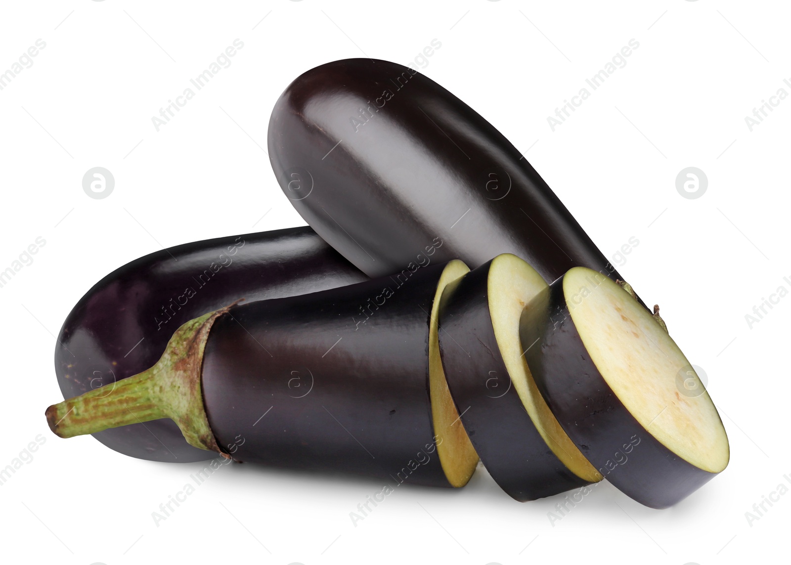 Image of Fresh ripe eggplants isolated on white. Whole and sliced