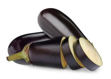 Image of Fresh ripe eggplants isolated on white. Whole and sliced