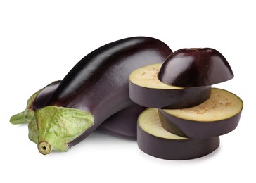 Image of Fresh ripe eggplants isolated on white. Whole and sliced
