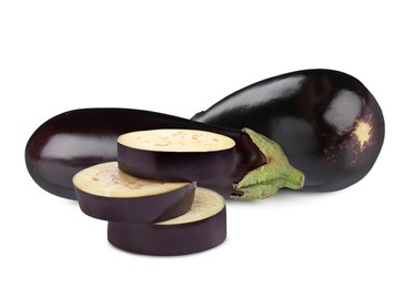 Image of Fresh ripe eggplants isolated on white. Whole and sliced