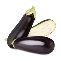 Image of Fresh ripe eggplants isolated on white. Whole and sliced