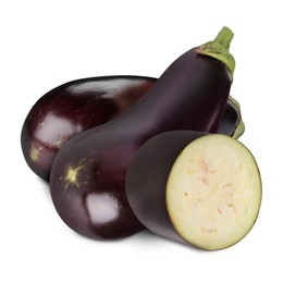 Image of Fresh ripe eggplants isolated on white. Whole and sliced