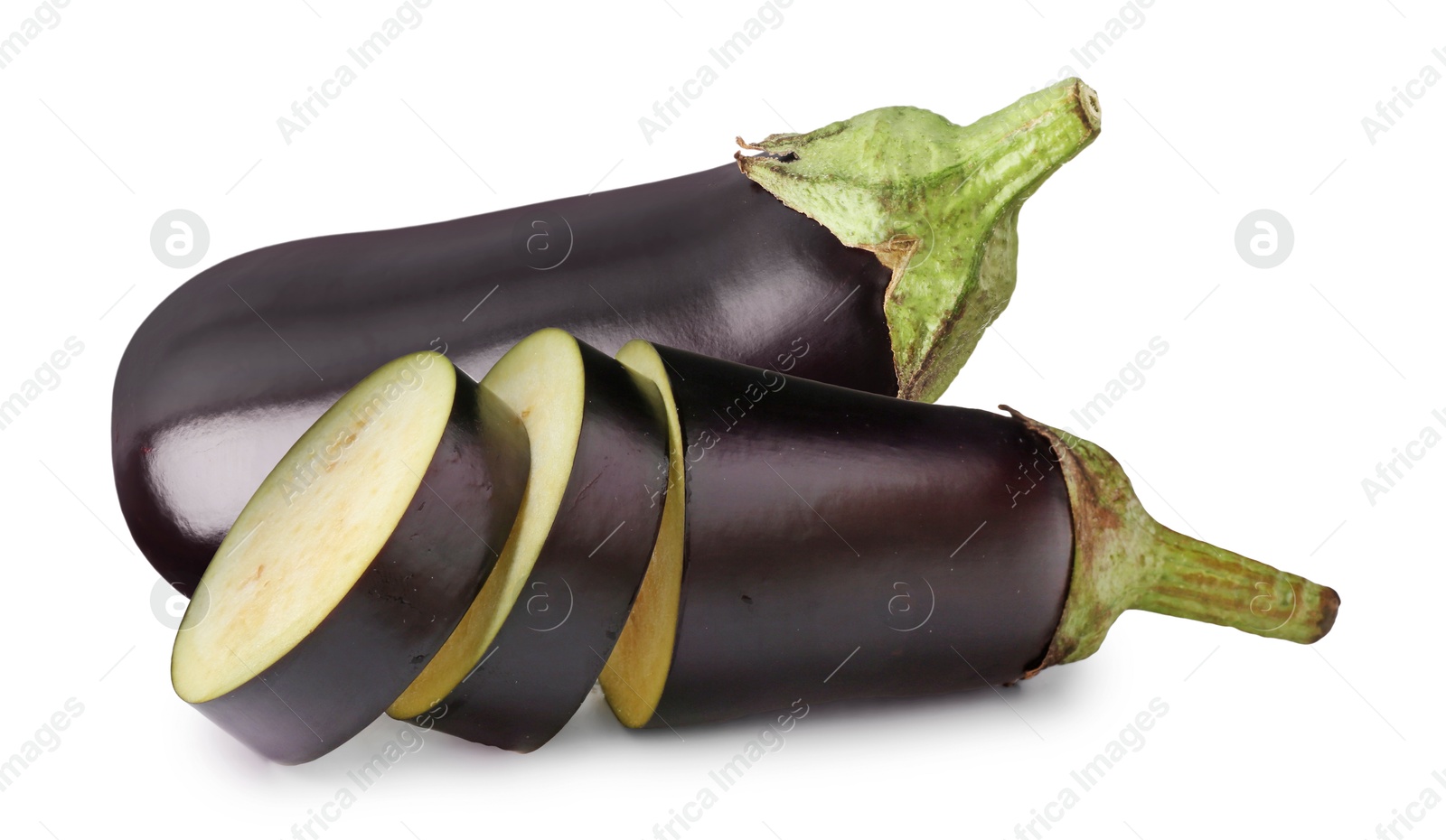 Image of Fresh ripe eggplants isolated on white. Whole and sliced