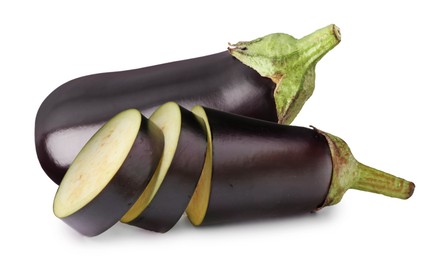 Image of Fresh ripe eggplants isolated on white. Whole and sliced
