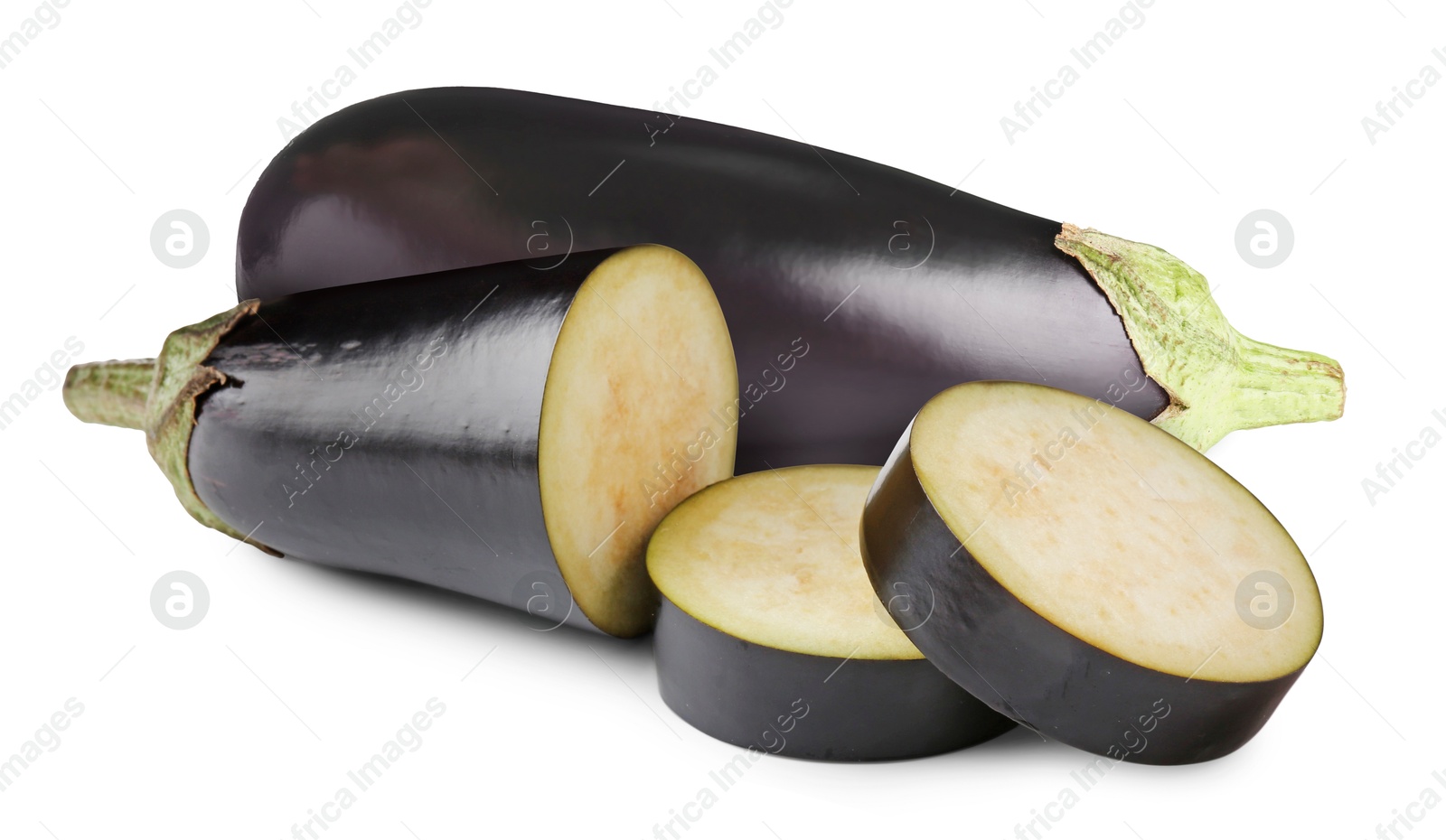 Image of Fresh ripe eggplants isolated on white. Whole and sliced