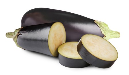 Image of Fresh ripe eggplants isolated on white. Whole and sliced
