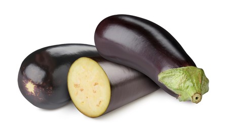 Image of Fresh ripe eggplants isolated on white. Whole and sliced