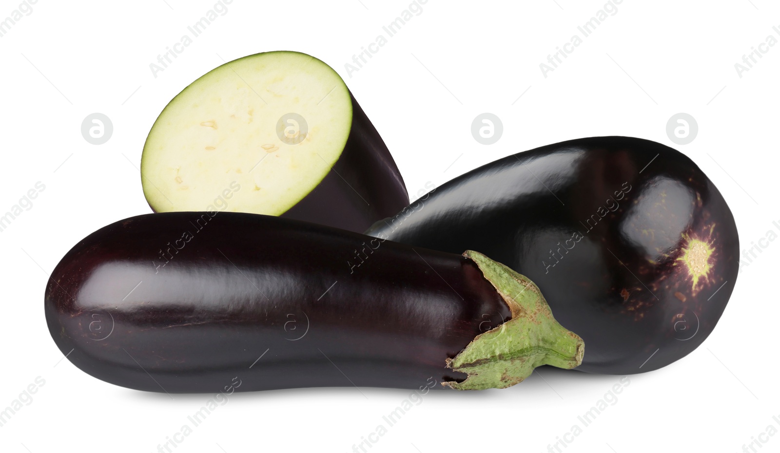 Image of Fresh ripe eggplants isolated on white. Whole and sliced