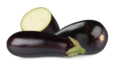 Image of Fresh ripe eggplants isolated on white. Whole and sliced