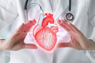 Image of Cardiologist with illustration of heart between hands, closeup
