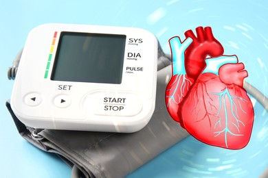 Image of Cardiology. Blood pressure measuring device and illustration of heart on light blue background