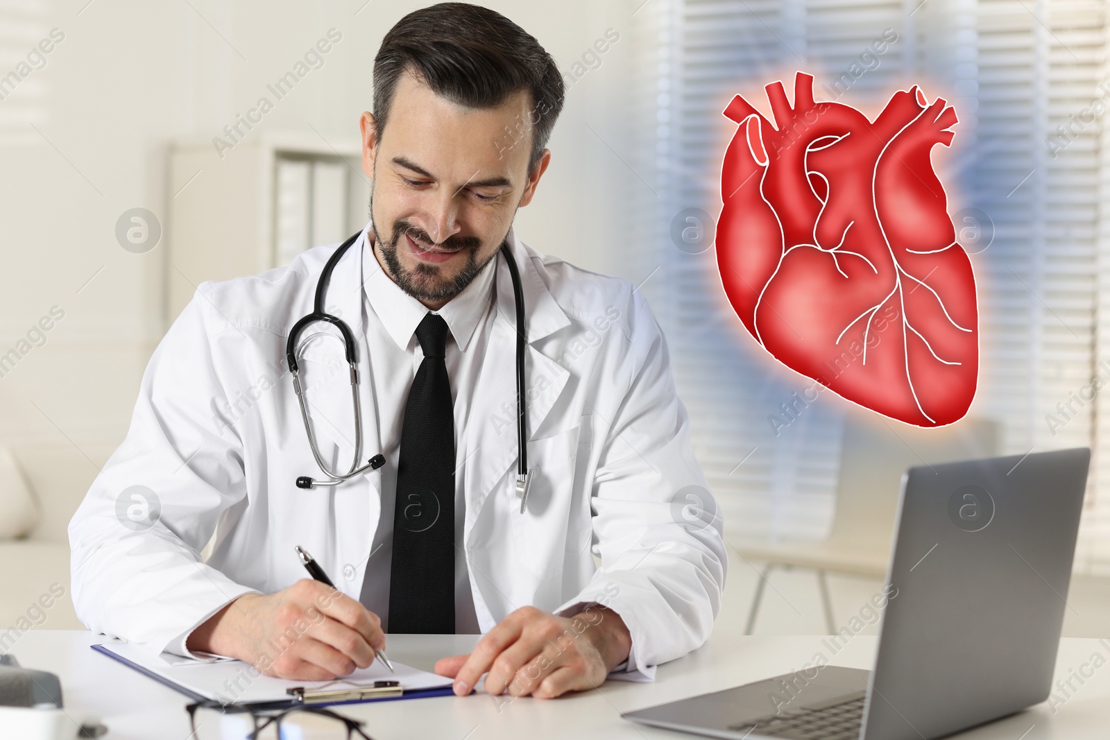 Image of Cardiologist with stethoscope working at white table in clinic. Illustration of heart above laptop
