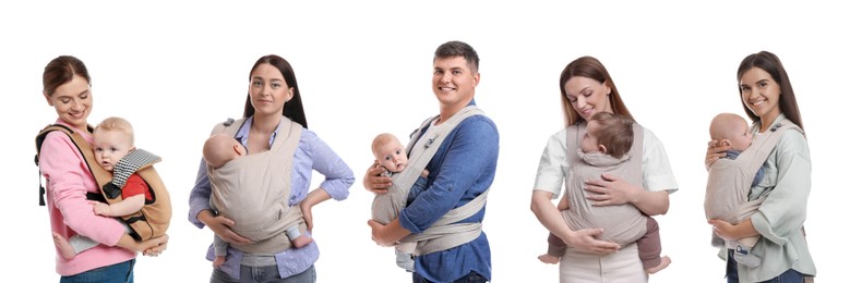 Image of Parents carrying their babies in slings on white background, set of portraits