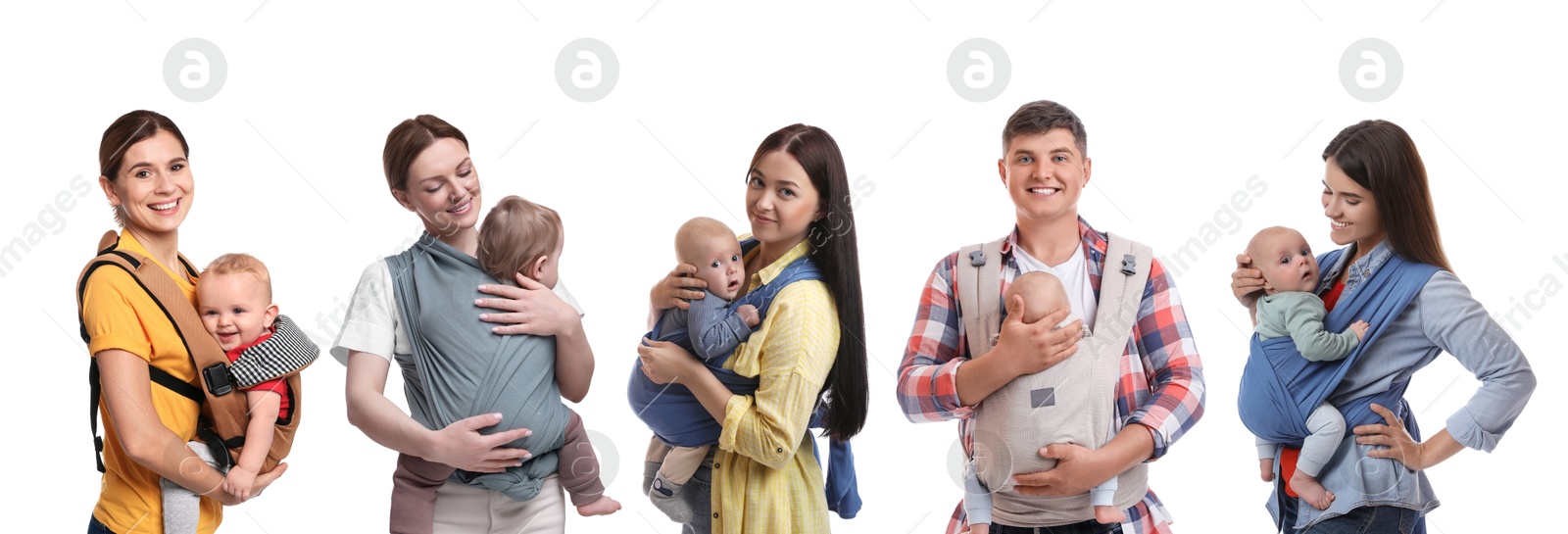 Image of Parents carrying their babies in slings on white background, set of portraits