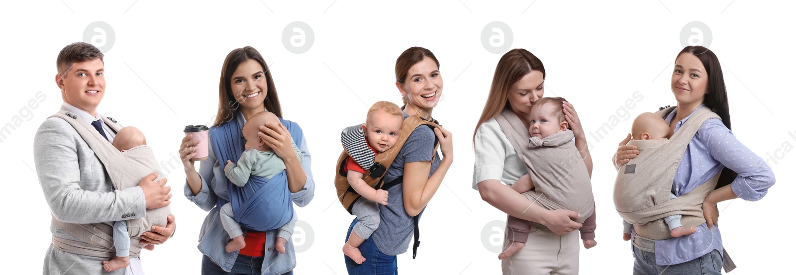 Image of Parents carrying their babies in slings on white background, set of portraits