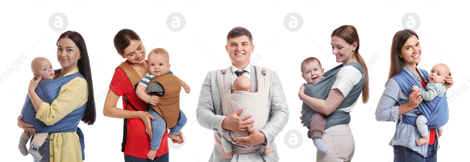 Image of Parents carrying their babies in slings on white background, set of portraits