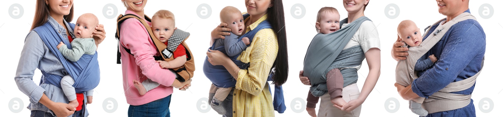 Image of Parents carrying their babies in slings on white background, set of portraits