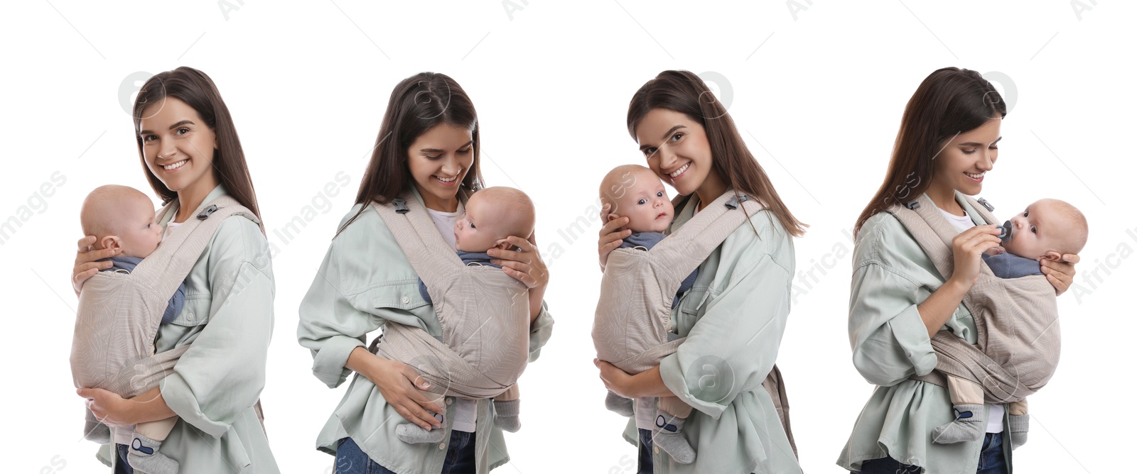 Image of Woman carrying her baby in sling on white background, set of portraits