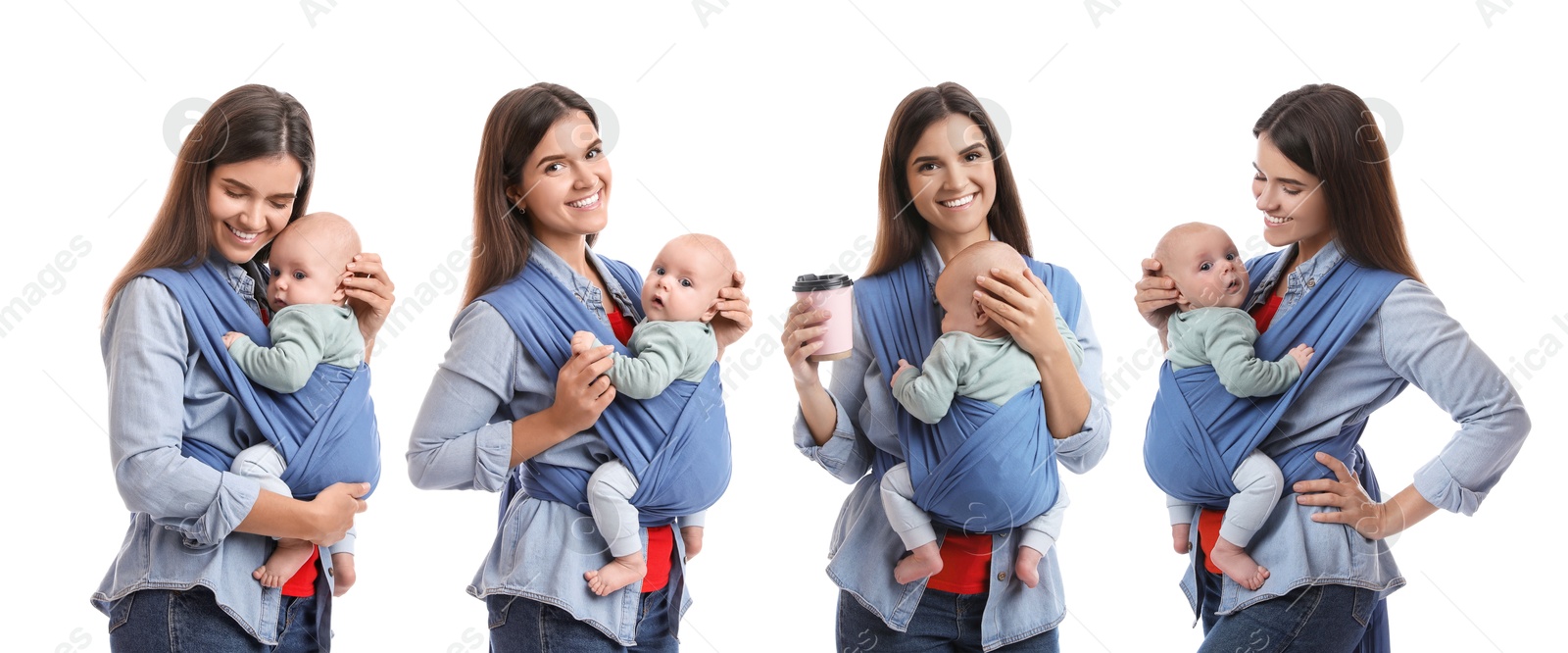 Image of Woman carrying her baby in sling on white background, set of portraits