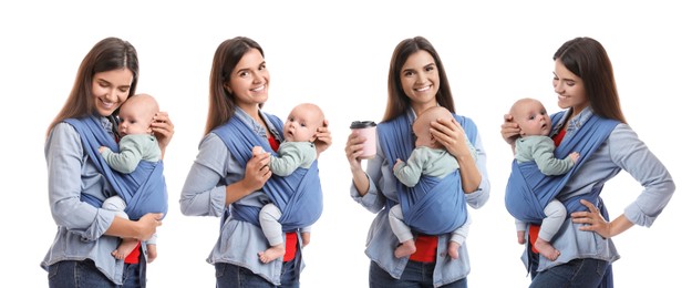Image of Woman carrying her baby in sling on white background, set of portraits
