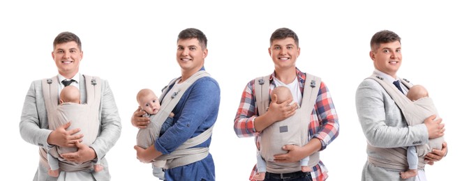 Image of Man carrying his baby in sling on white background, set of portraits