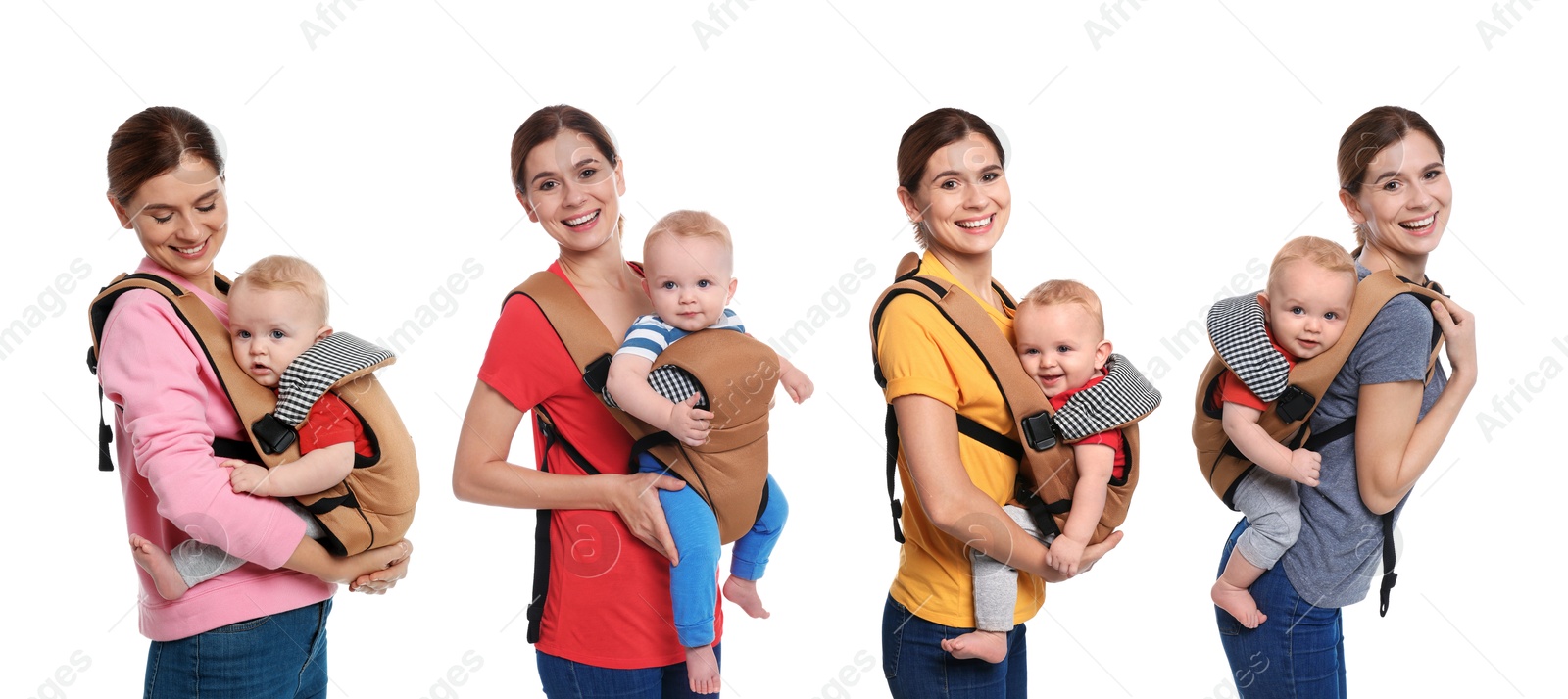 Image of Woman carrying her baby in sling on white background, set of portraits