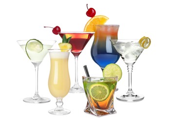 Image of Variety of cocktails on glasses isolated on white, collection