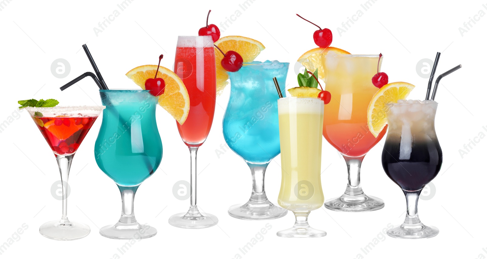 Image of Variety of cocktails on glasses isolated on white, collection