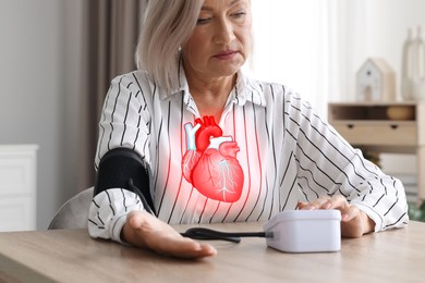 Image of Cardiology. Senior woman measuring blood pressure at table indoors, closeup. Illustration of heart on her chest