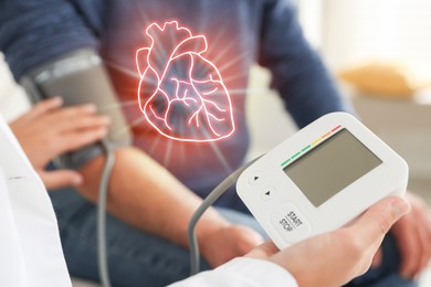 Image of Cardiology. Doctor measuring patient's blood pressure in hospital, closeup. Illustration of heart